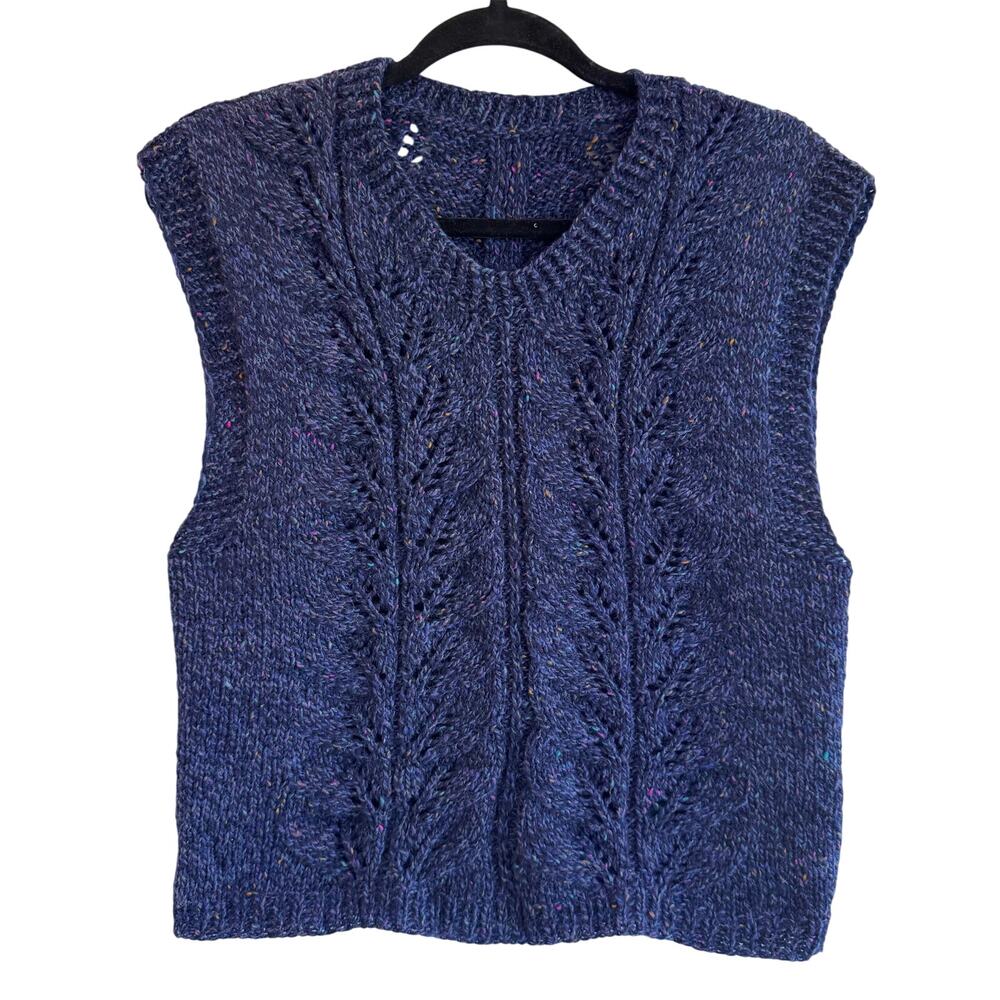Handmade navy blue knit sweater vest cable leaf pattern cottagecore retro M